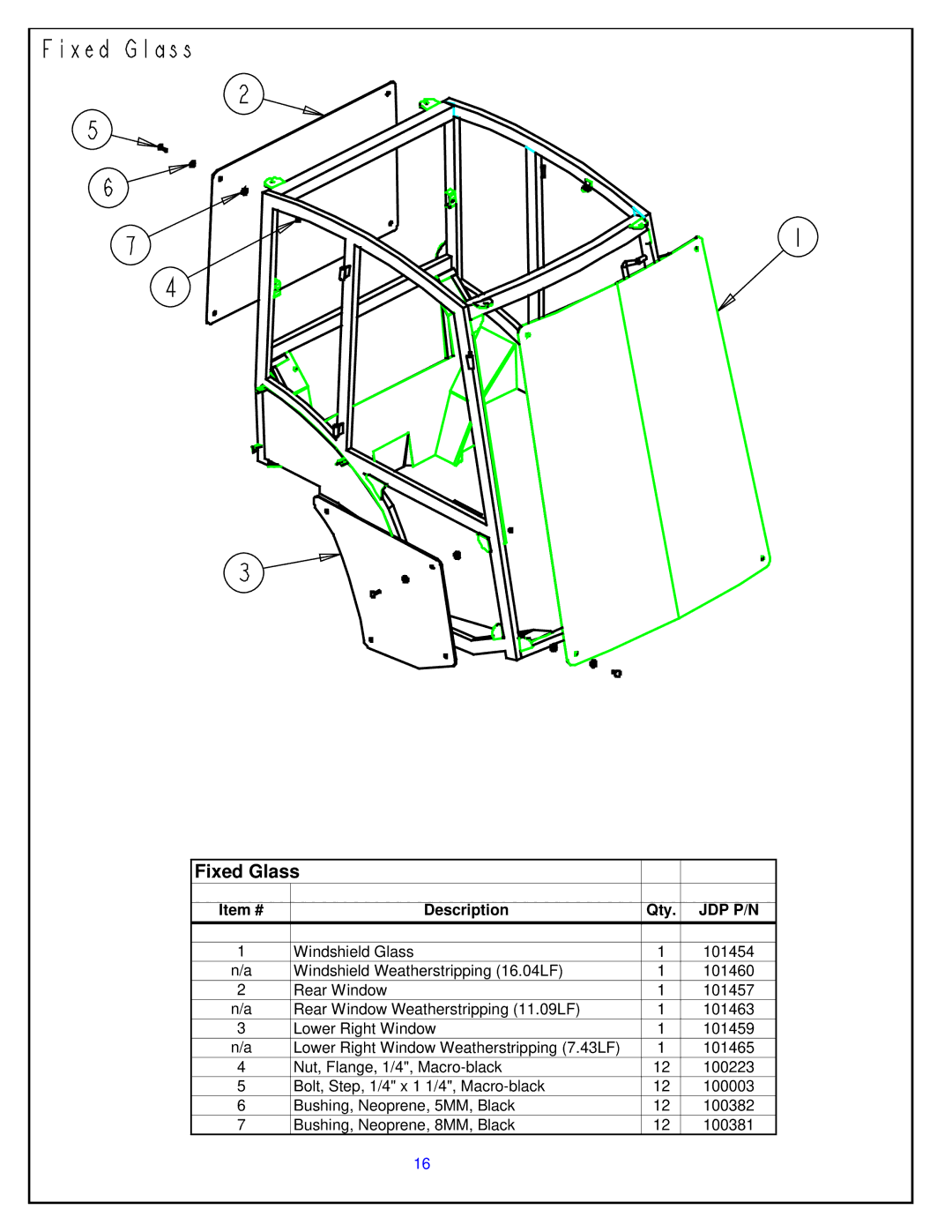 Toro ROPS HARD CAB, 30391 manual Fixed Glass, Jdp P/N 