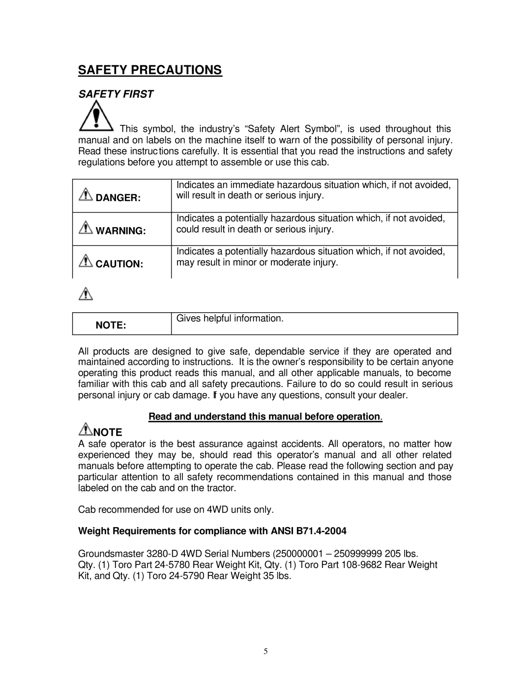 Toro 30391, ROPS HARD CAB Safety Precautions, Safety First, Read and understand this manual before operation 