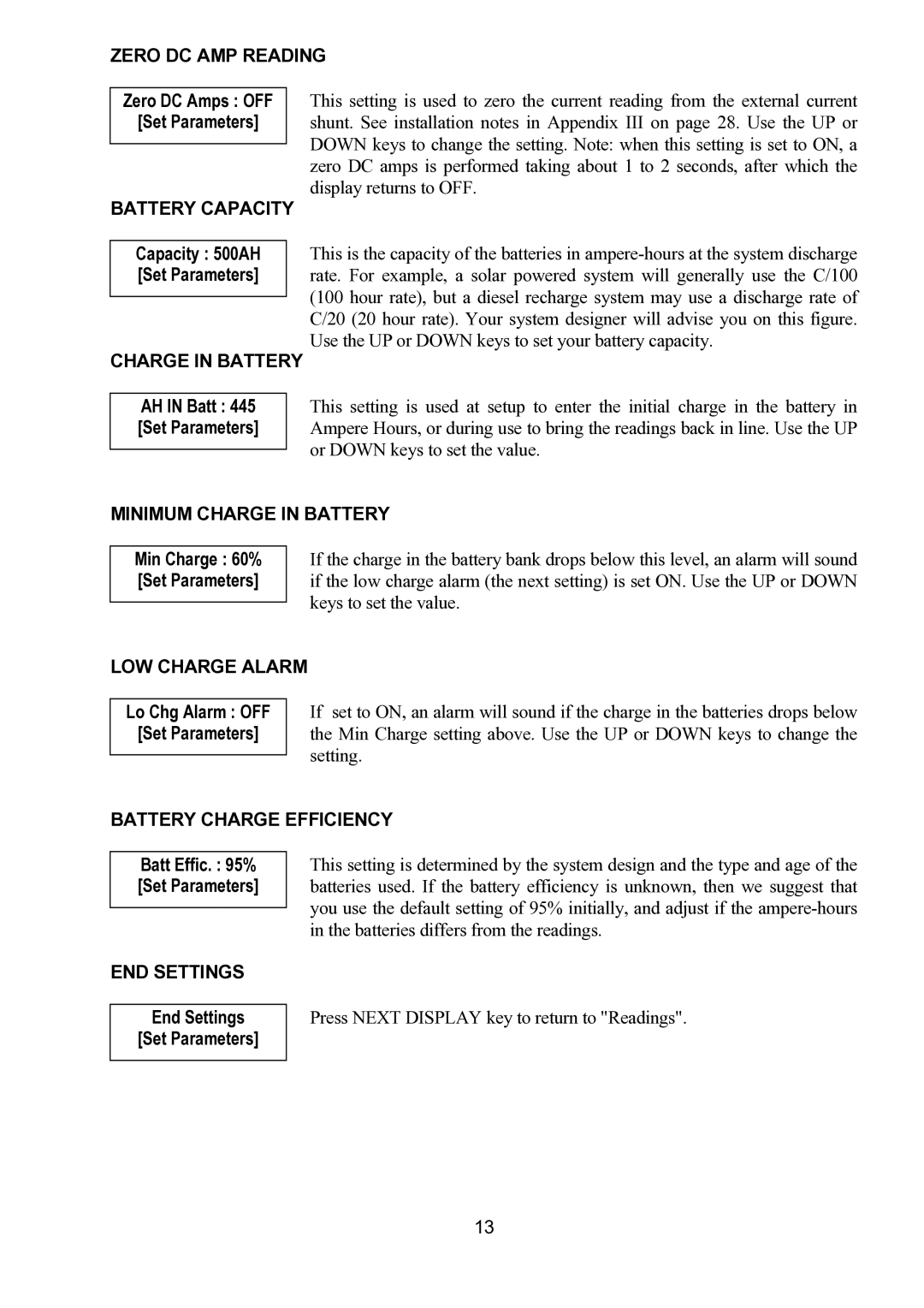Toro SA41 owner manual Zero DC AMP Reading, Battery Capacity, Minimum Charge in Battery, LOW Charge Alarm, END Settings 