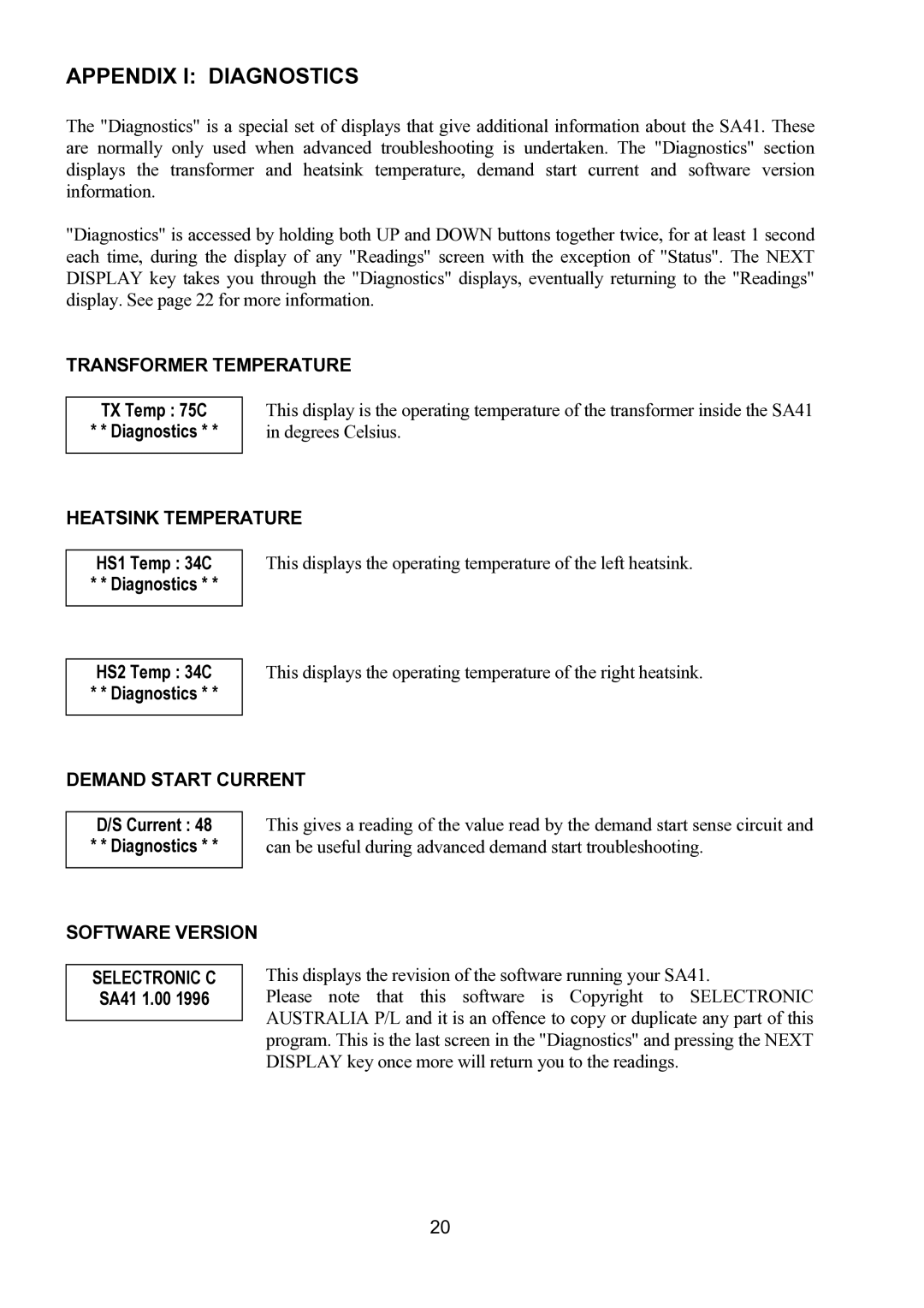 Toro SA41 owner manual Appendix I Diagnostics, Transformer Temperature, Heatsink Temperature, Demand Start Current 