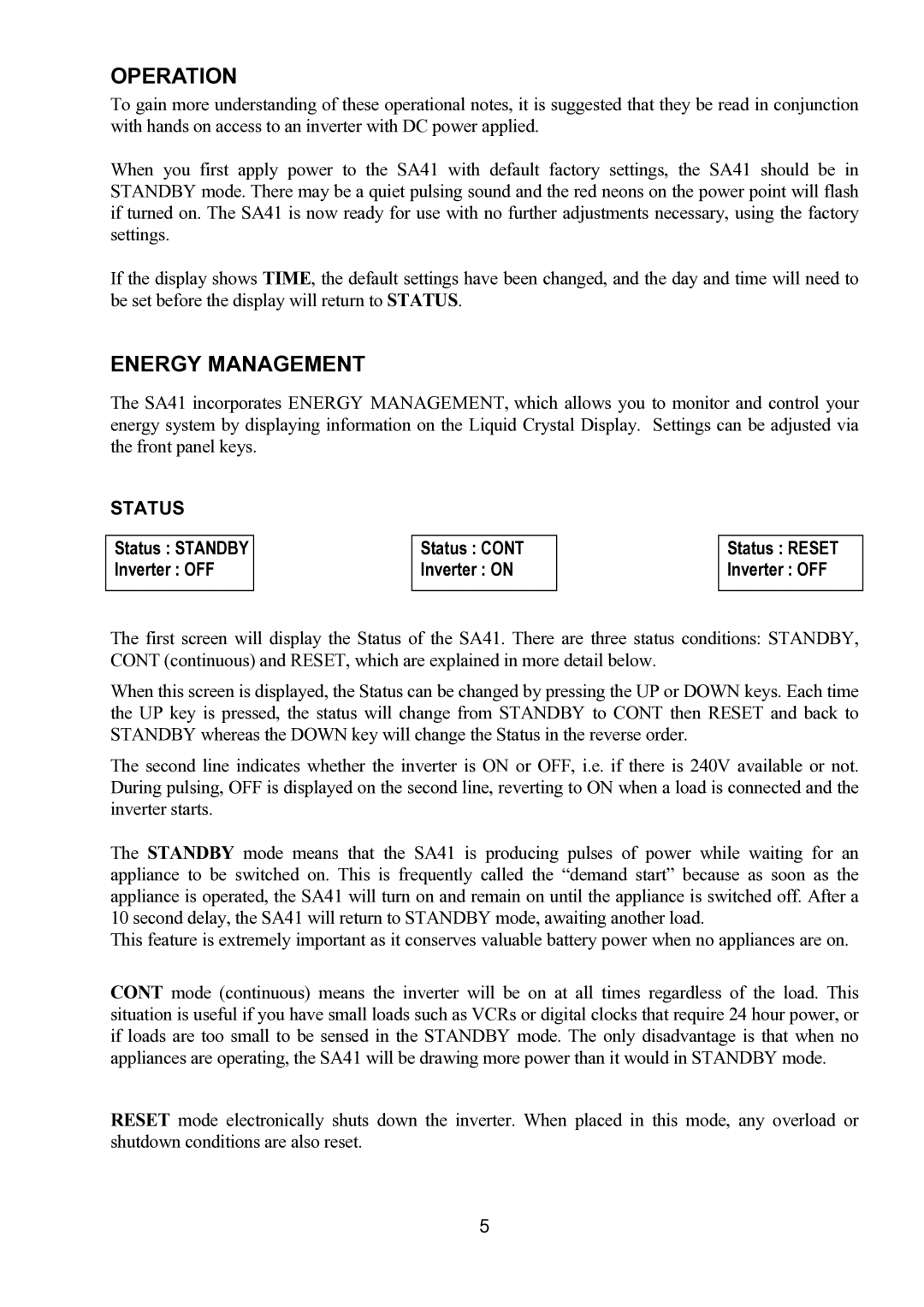 Toro SA41 owner manual Operation, Energy Management, Status Standby Inverter OFF Inverter on Status Reset 