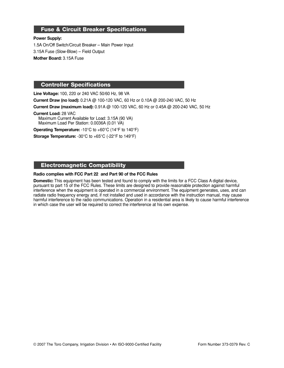 Toro TDC-100/200 manual Fuse & Circuit Breaker Specifications, Controller Specifications, Electromagnetic Compatibility 