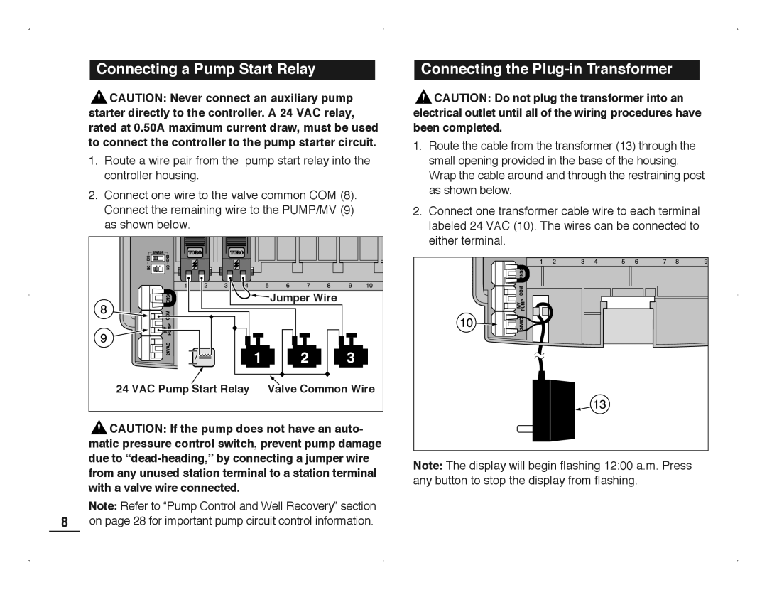 Toro TMC-212 manual Connecting a Pump Start Relay, Connecting the Plug-in Transformer 