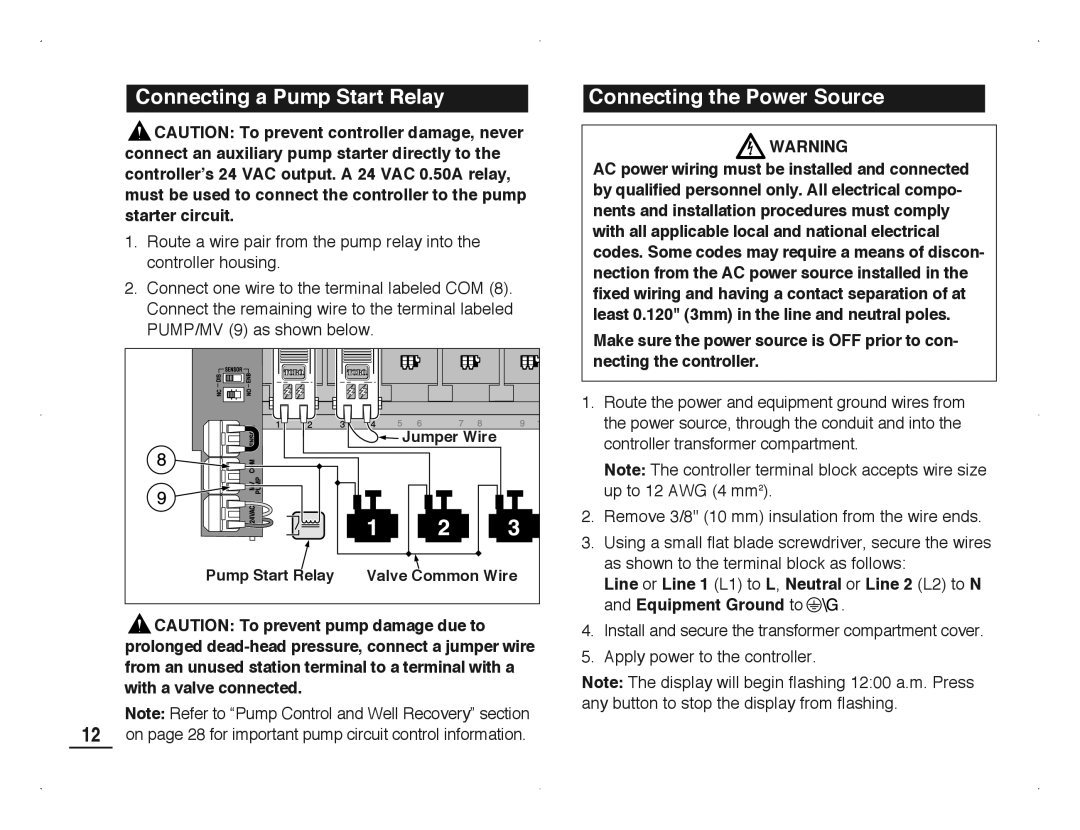 Toro TMC-212 manual Connecting a Pump Start Relay Connecting the Power Source 