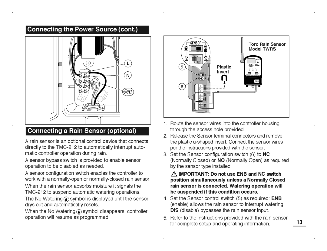 Toro TMC-212 manual Connecting a Rain Sensor optional, Important Do not use ENB and NC switch 