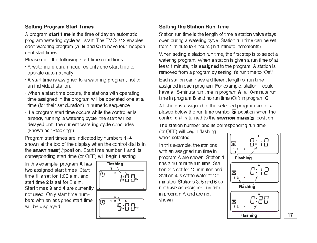 Toro TMC-212 manual Setting Program Start Times, Setting the Station Run Time 