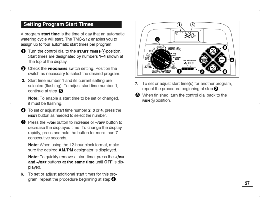 Toro TMC-212 manual Setting Program Start Times 