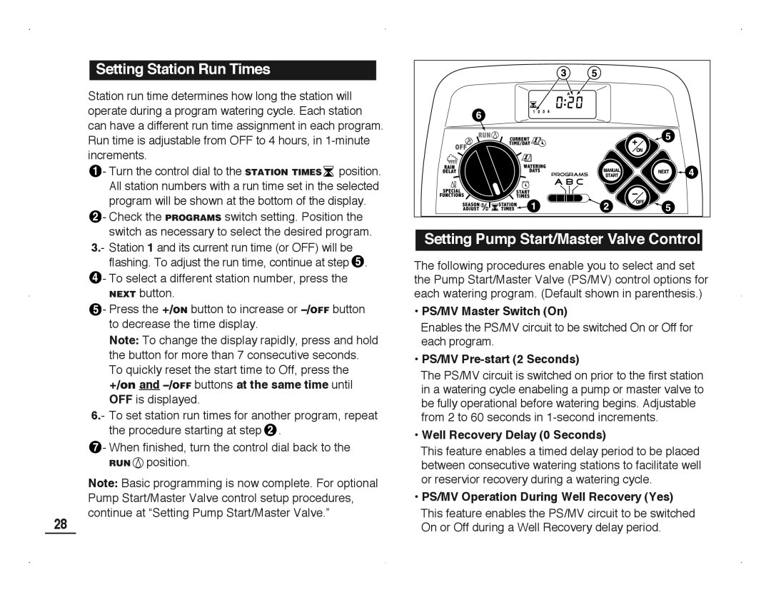 Toro TMC-212 manual Setting Station Run Times, Setting Pump Start/Master Valve Control 