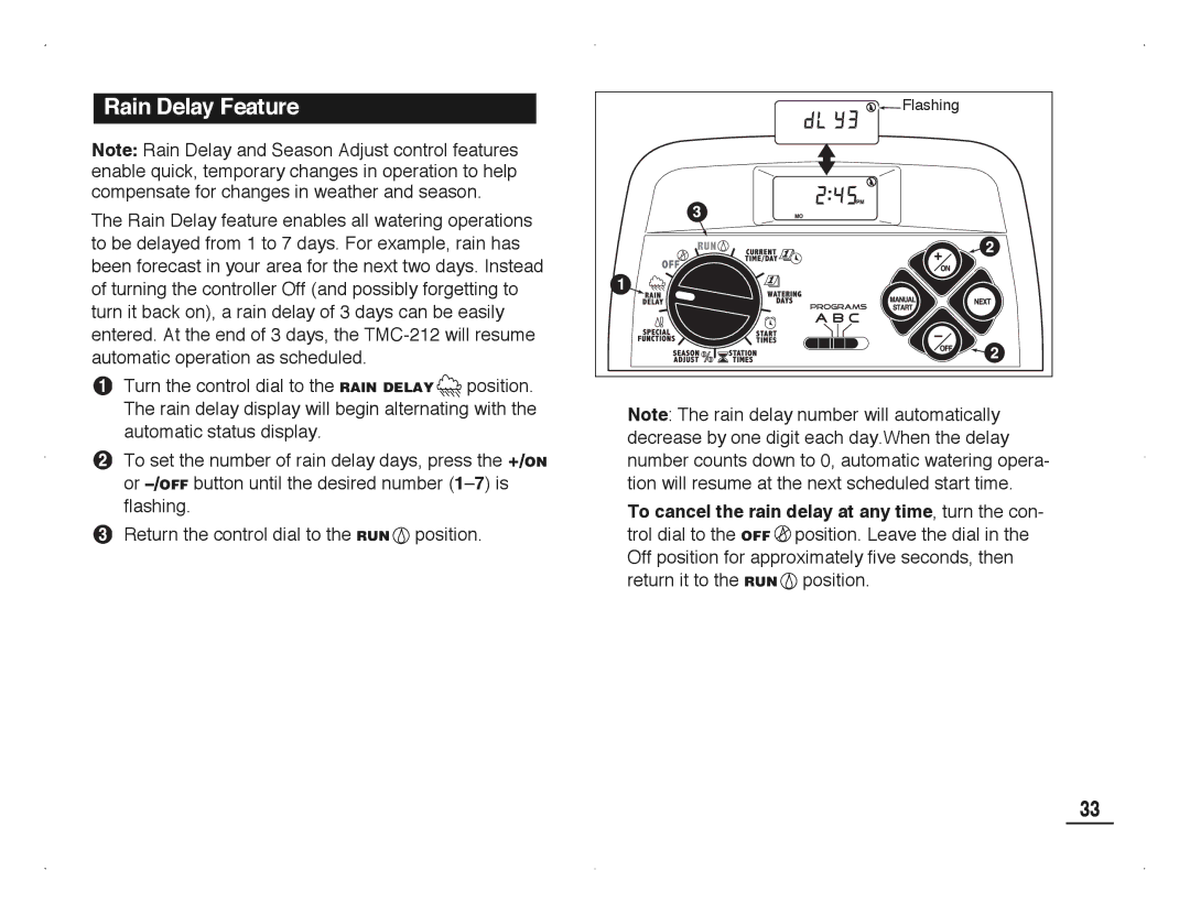 Toro TMC-212 manual Rain Delay Feature 