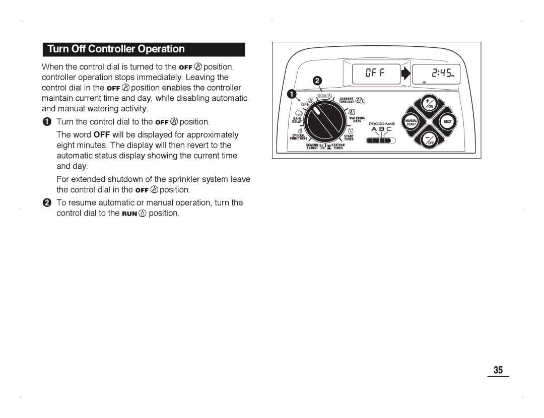 Toro TMC-212 manual Turn Off Controller Operation 