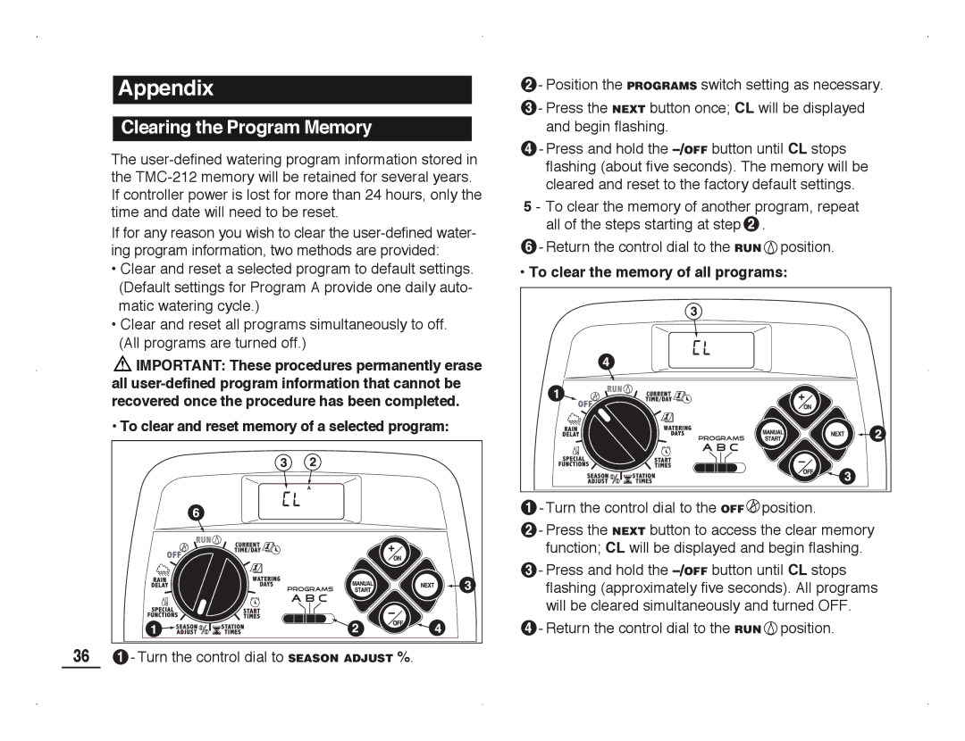 Toro TMC-212 manual Clearing the Program Memory, To clear and reset memory of a selected program 