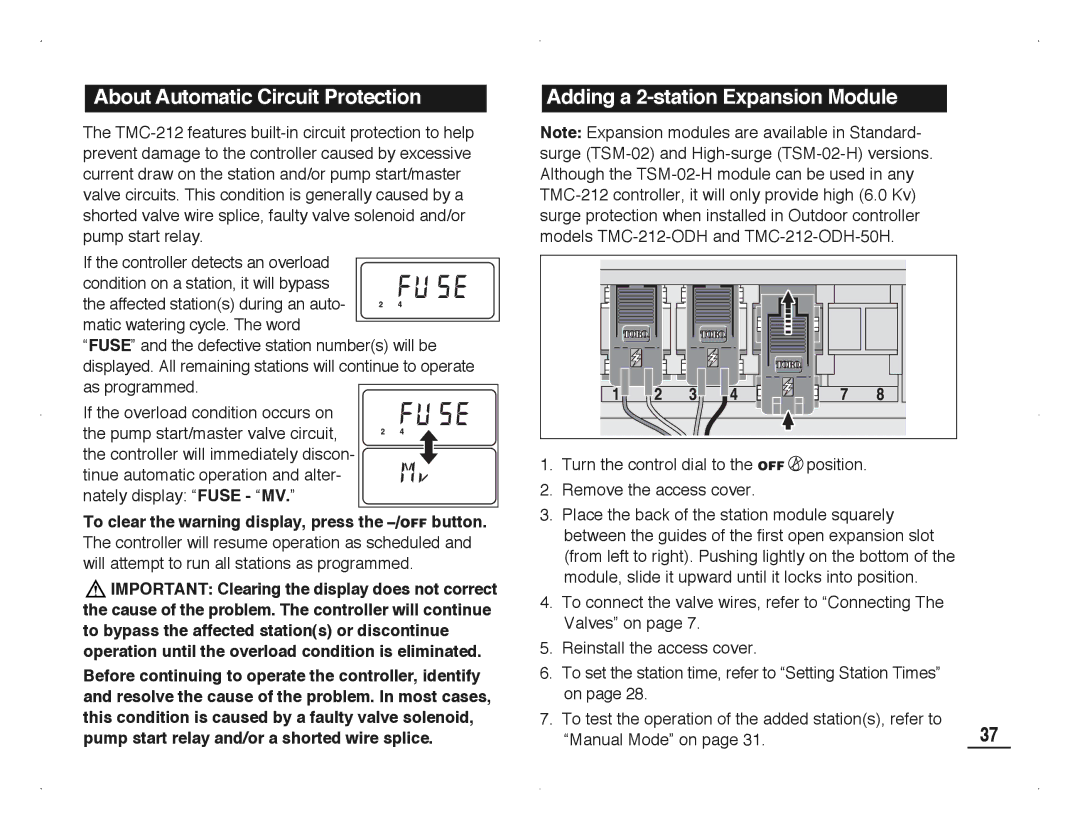 Toro TMC-212 manual About Automatic Circuit Protection, Adding a 2-station Expansion Module 