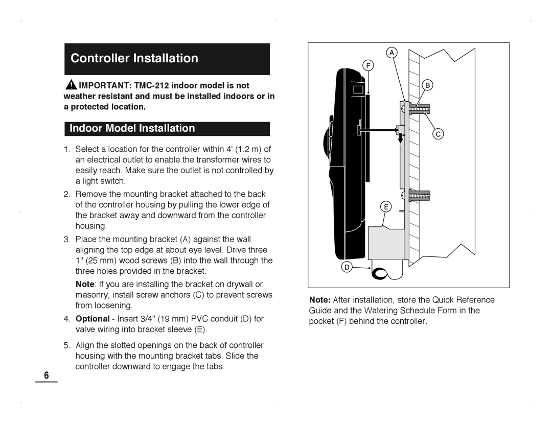 Toro TMC-212 manual Controller Installation, Indoor Model Installation 