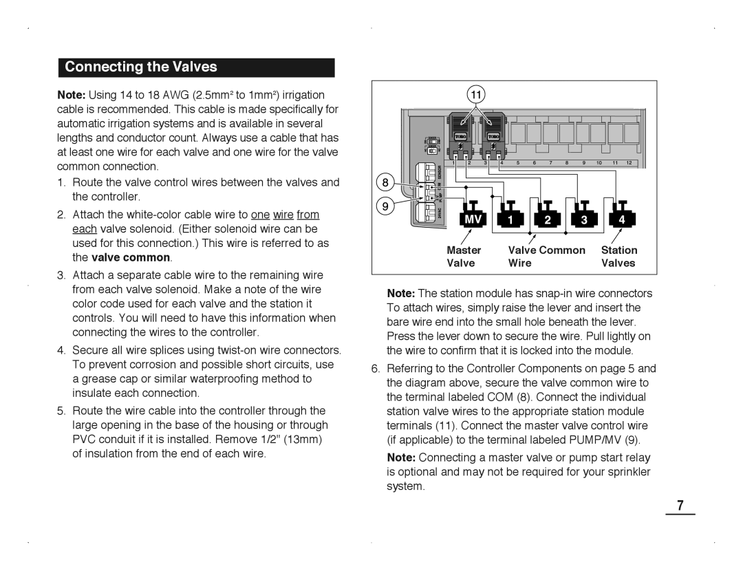 Toro TMC-212 manual Connecting the Valves, Master Valve Common Station Wire Valves 