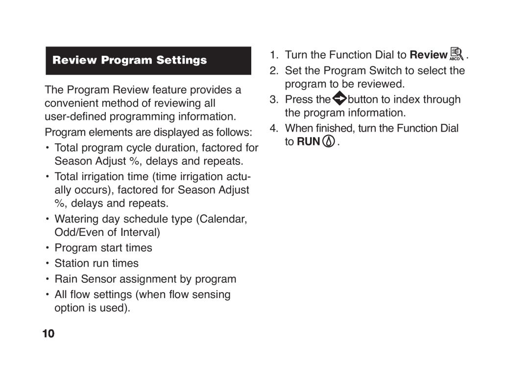 Toro TMC-424E manual Review Program Settings 