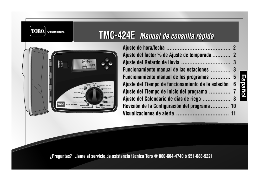 Toro manual Español, TMC-424E Manual de consulta rápida, Ajuste de hora/fecha, Ajuste del Retardo de lluvia 