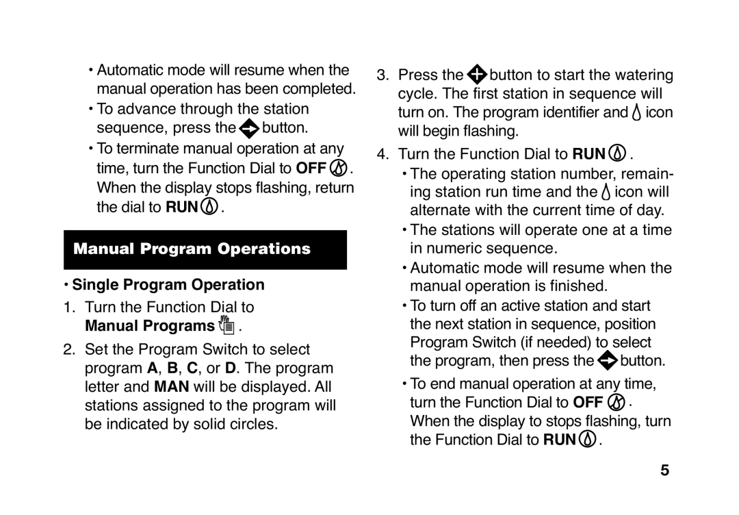 Toro TMC-424E manual Manual Program Operations, Single Program Operation, Manual Programs 