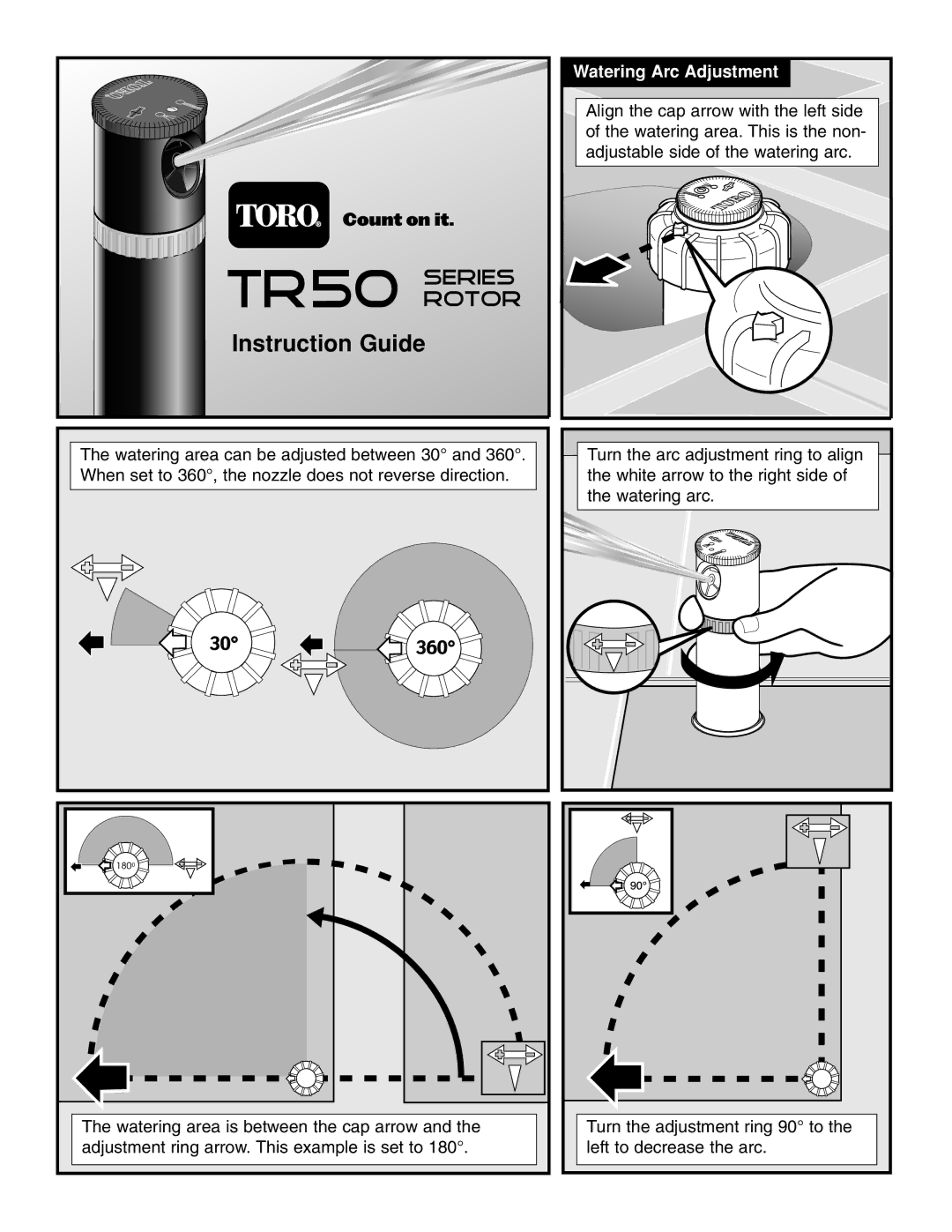 Toro TR50 manual Instruction Guide, Watering Arc Adjustment 