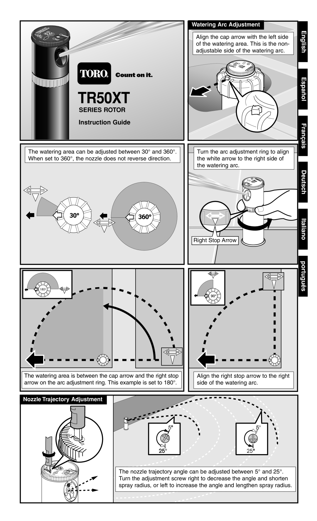 Toro TR50XT SERIES ROTOR manual Instruction Guide, Watering Arc Adjustment, Nozzle Trajectory Adjustment 