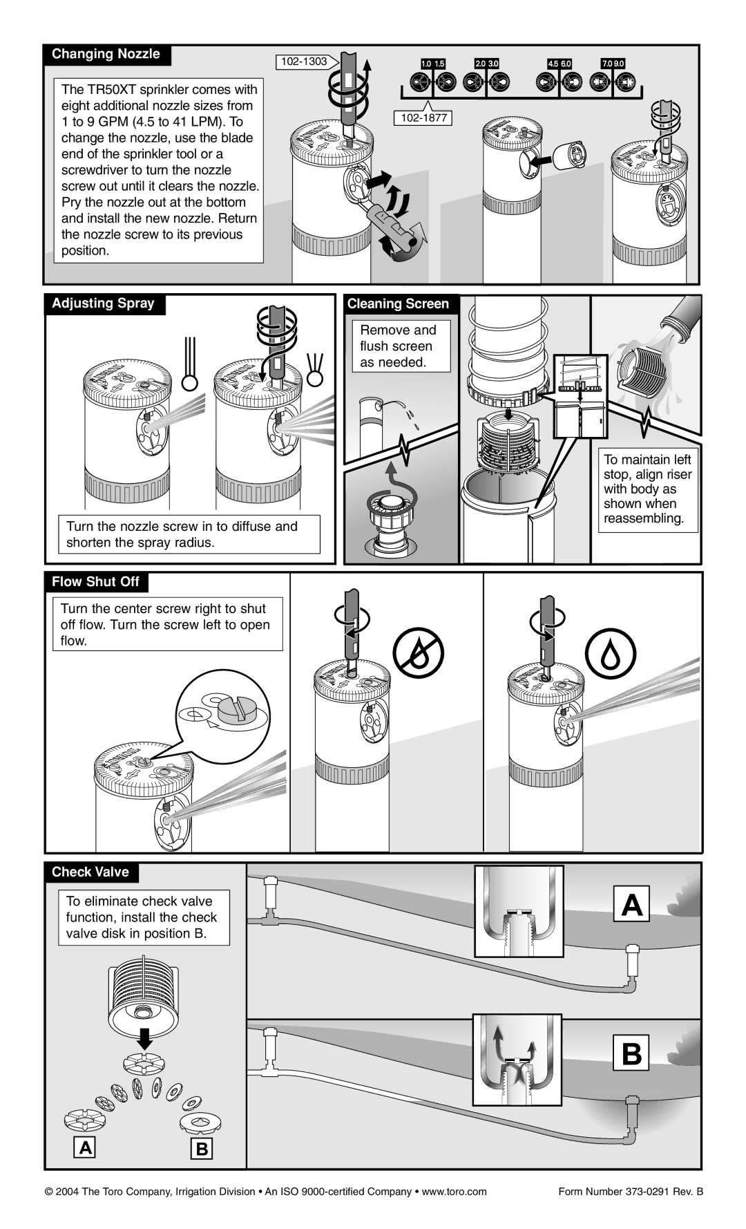 Toro TR50XT SERIES ROTOR manual Changing Nozzle, Adjusting Spray, Cleaning Screen, Flow Shut Off, Check Valve 