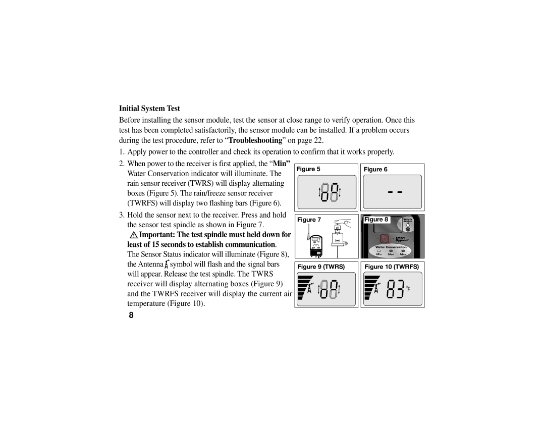 Toro TWRS manual Initial System Test, Least of 15 seconds to establish communication 