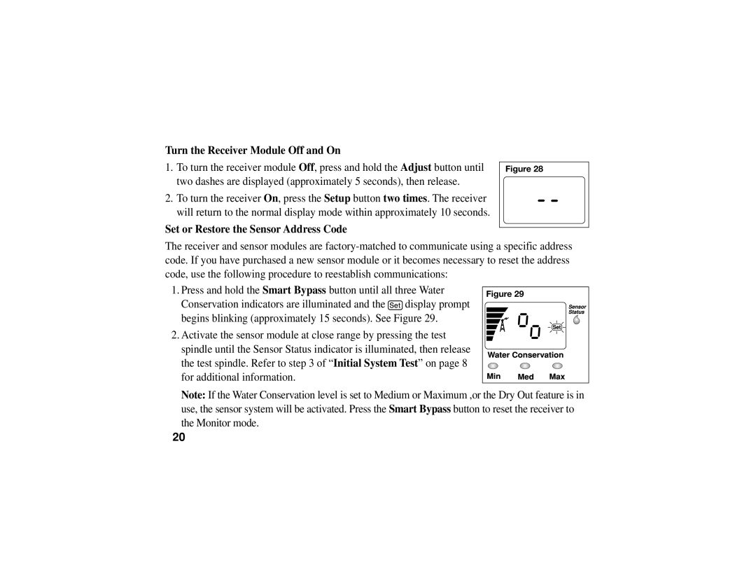 Toro TWRS manual Turn the Receiver Module Off and On, Set or Restore the Sensor Address Code 