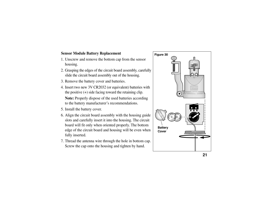 Toro TWRS manual Sensor Module Battery Replacement, Unscrew and remove the bottom cap from the sensor housing 