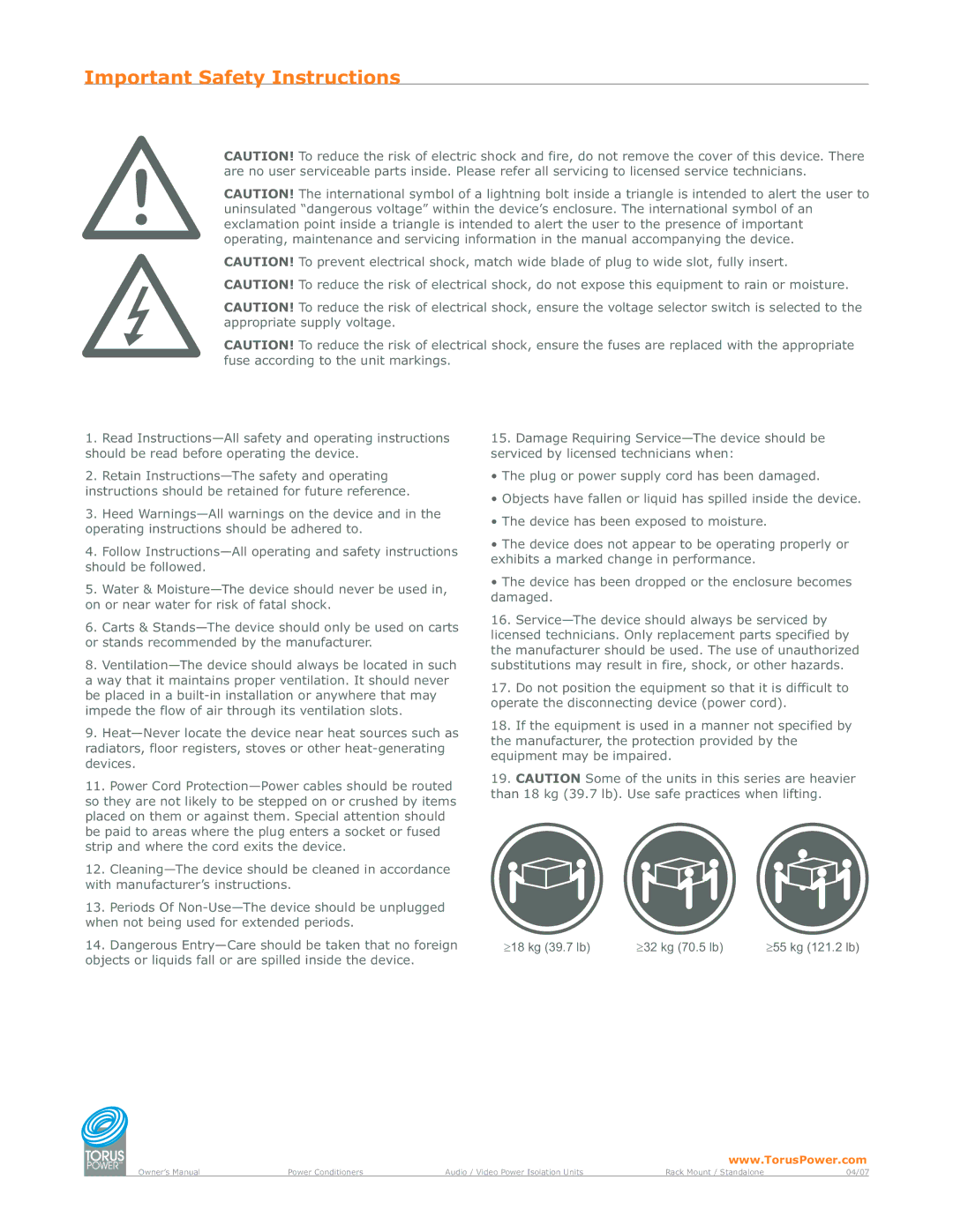 Torus Power A024-HCB-A1AB manual Important Safety Instructions, 18 kg 39.7 lb 32 kg 70.5 lb 