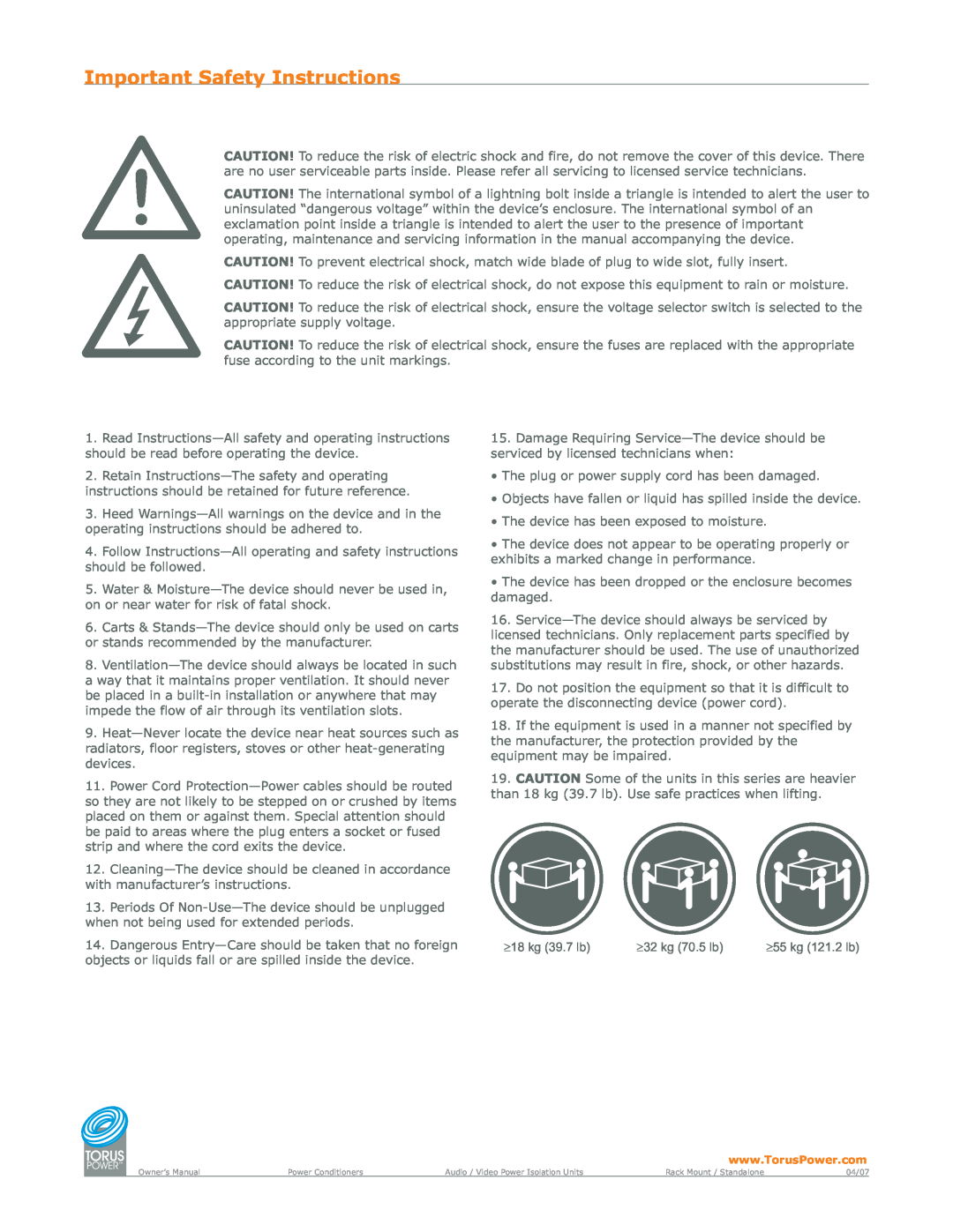 Torus Power A024-HCB-A1AB manual Important Safety Instructions, 18 kg 39.7 lb, 32 kg 70.5 lb 