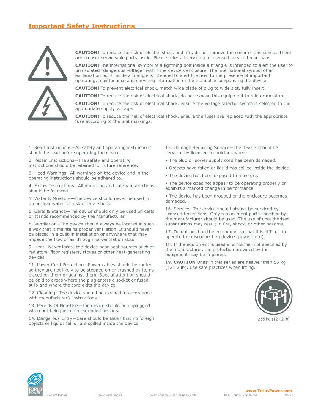 Torus Power A120-HFB-A5AB manual Important Safety Instructions 