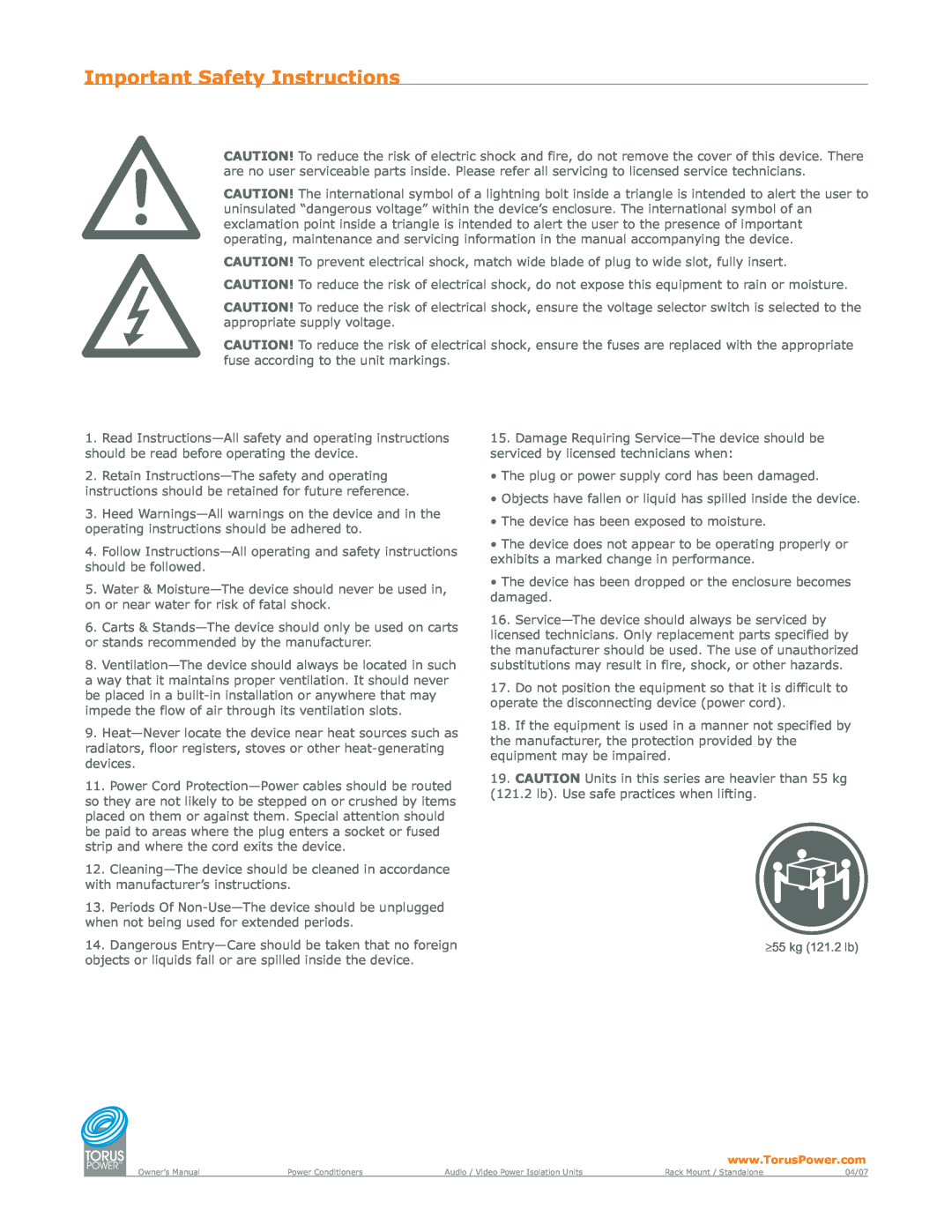 Torus Power A120-HFB-A5AB manual Important Safety Instructions, 55 kg 121.2 lb 