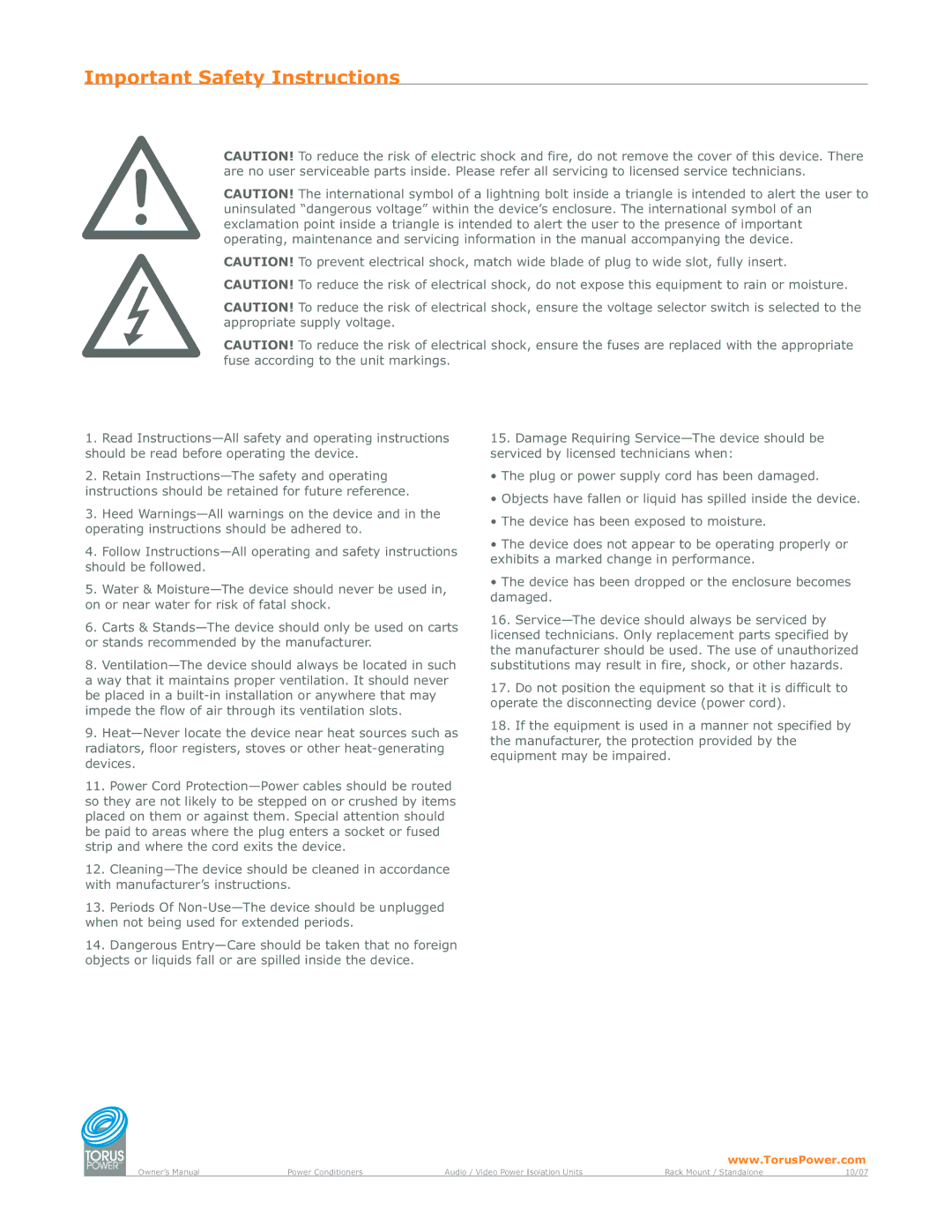 Torus Power rm 2.5 power conditioner owner manual Important Safety Instructions 