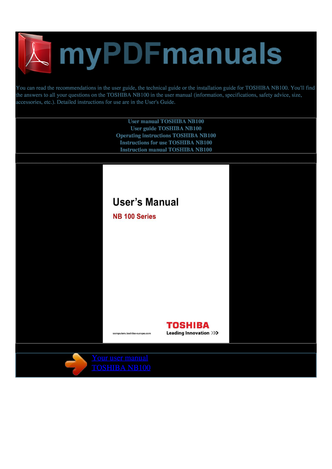 Toshiba user manual Your user manual TOSHIBA NB100, User manual TOSHIBA NB100 User guide TOSHIBA NB100 