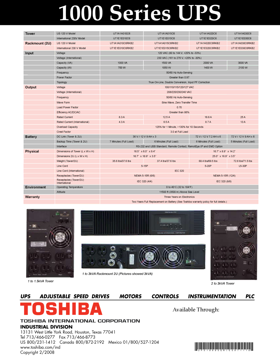 Toshiba 1000 SEREIS warranty Tower, Rackmount 2U, Input, Output, Battery, Physical, Environment, Warranty 