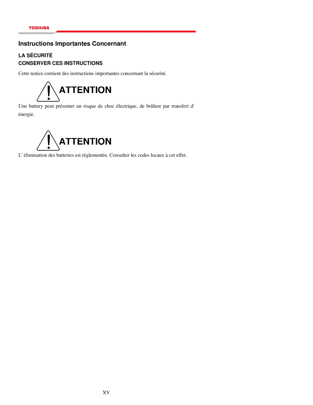 Toshiba 1000 Series manual Instructions Importantes Concernant, LA Sécurité Conserver CES Instructions 