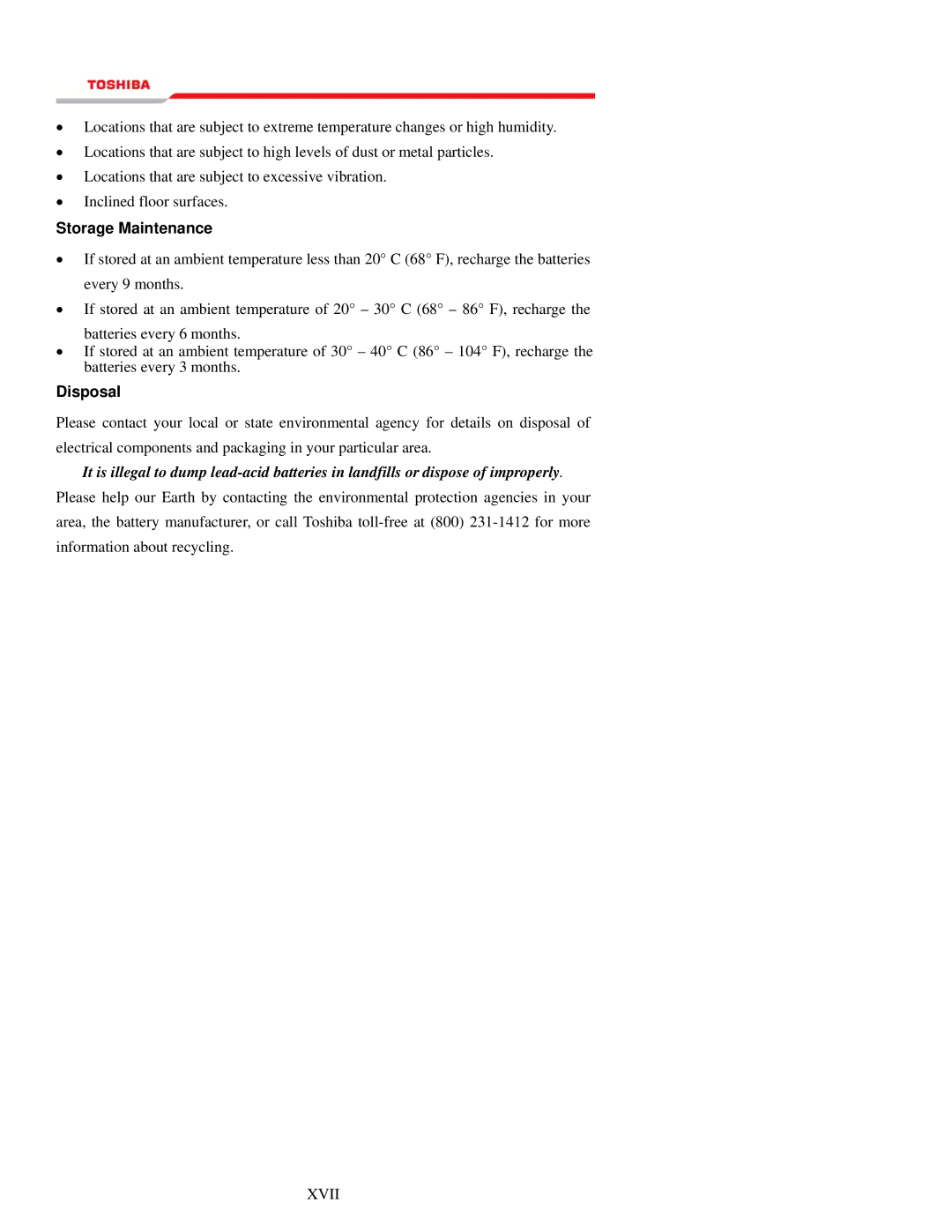 Toshiba 1000 Series manual Storage Maintenance, Disposal 