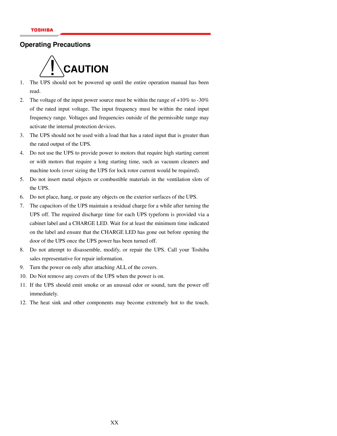 Toshiba 1000 Series manual Operating Precautions 