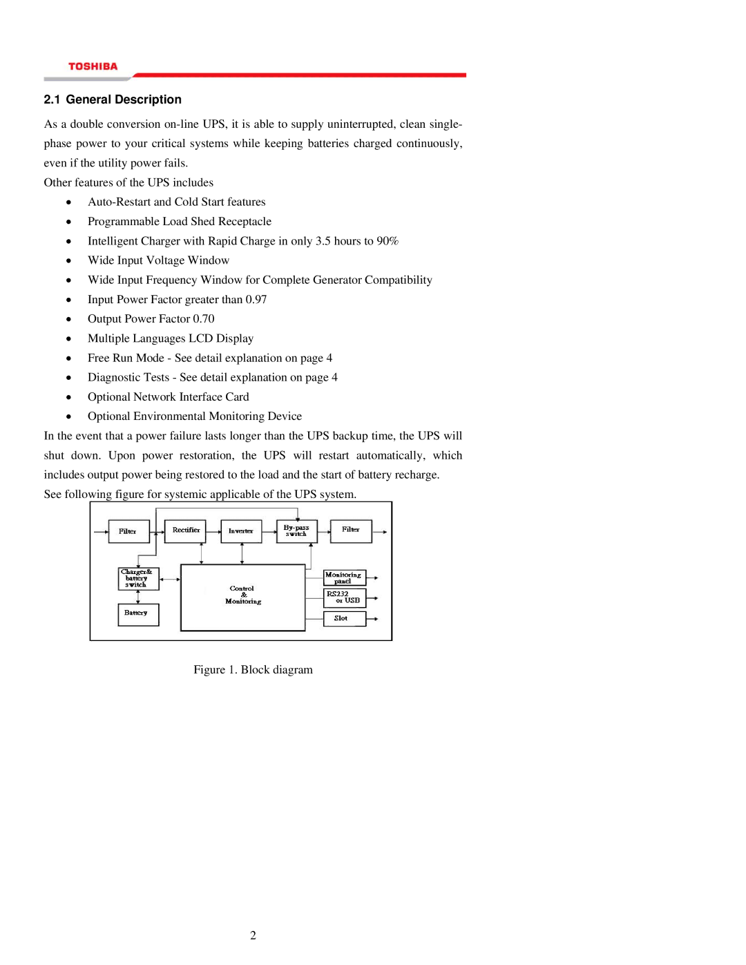 Toshiba 1000 Series manual General Description, Block diagram 