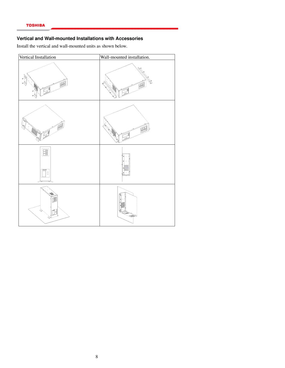 Toshiba 1000 Series manual Vertical and Wall-mounted Installations with Accessories 