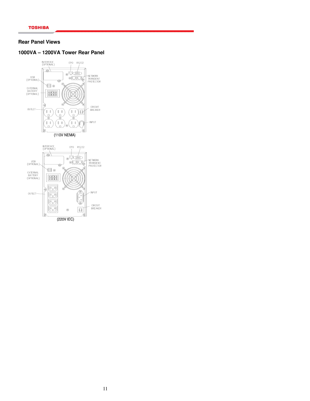 Toshiba 1000 Series manual Rear Panel Views 1000VA 1200VA Tower Rear Panel 