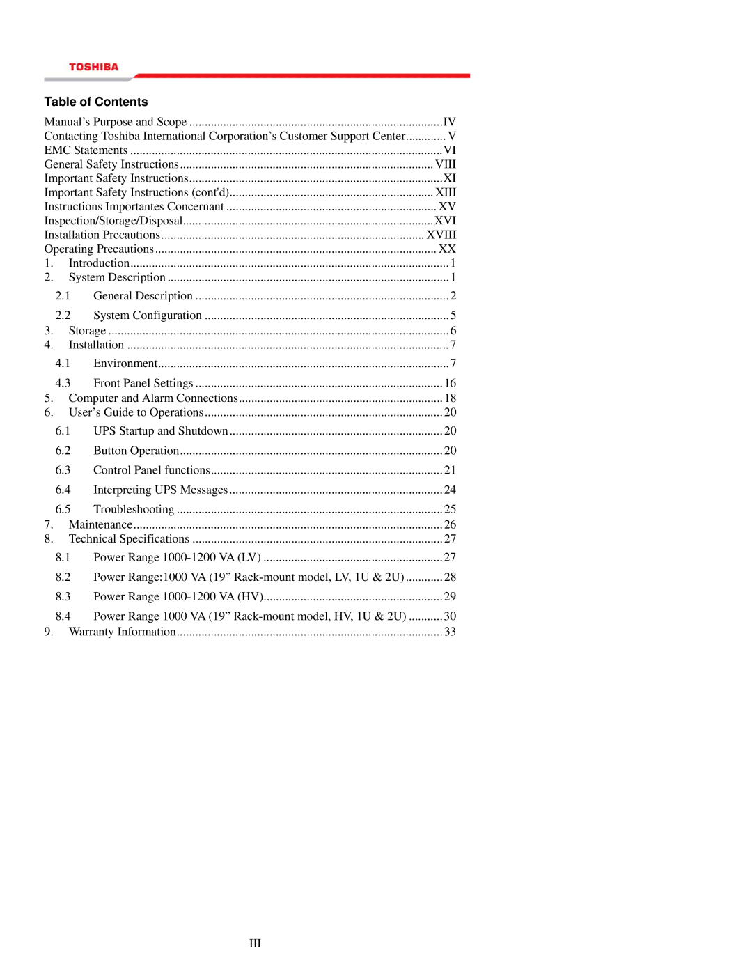 Toshiba 1000 Series manual Table of Contents 