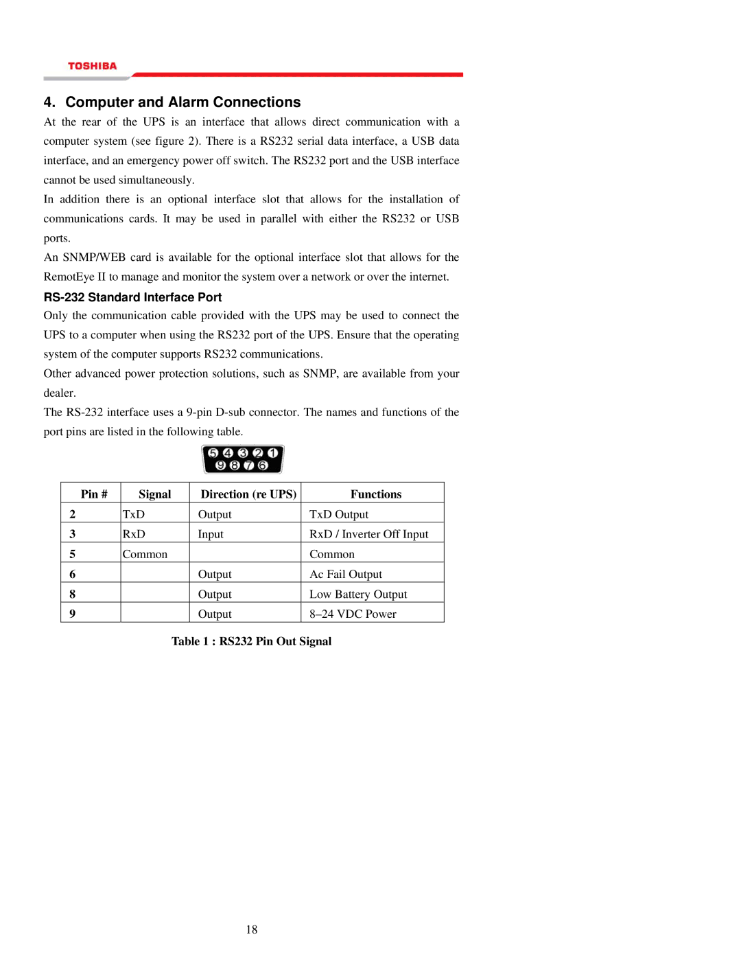 Toshiba 1000 Series manual Computer and Alarm Connections, RS-232 Standard Interface Port 