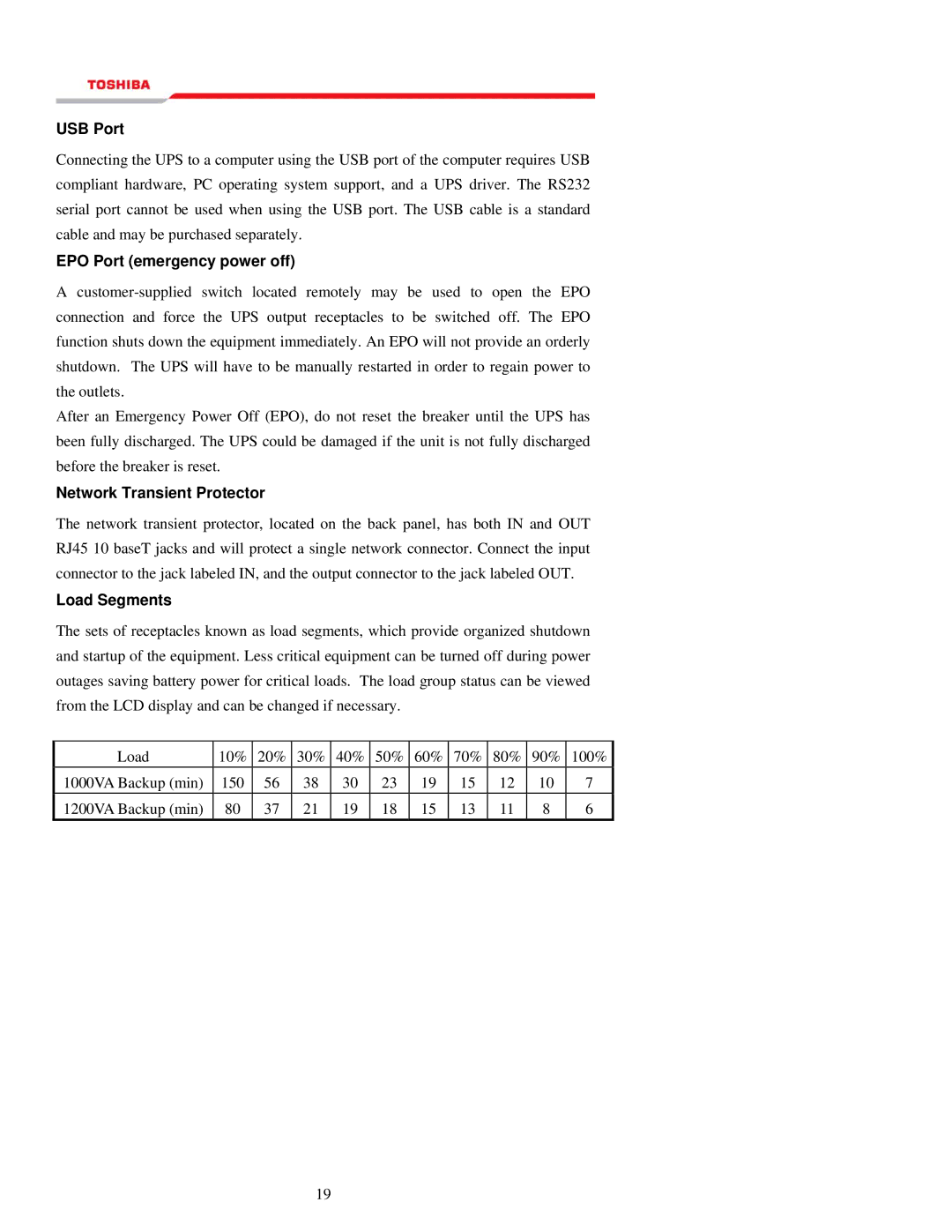 Toshiba 1000 Series manual USB Port, EPO Port emergency power off, Network Transient Protector, Load Segments 