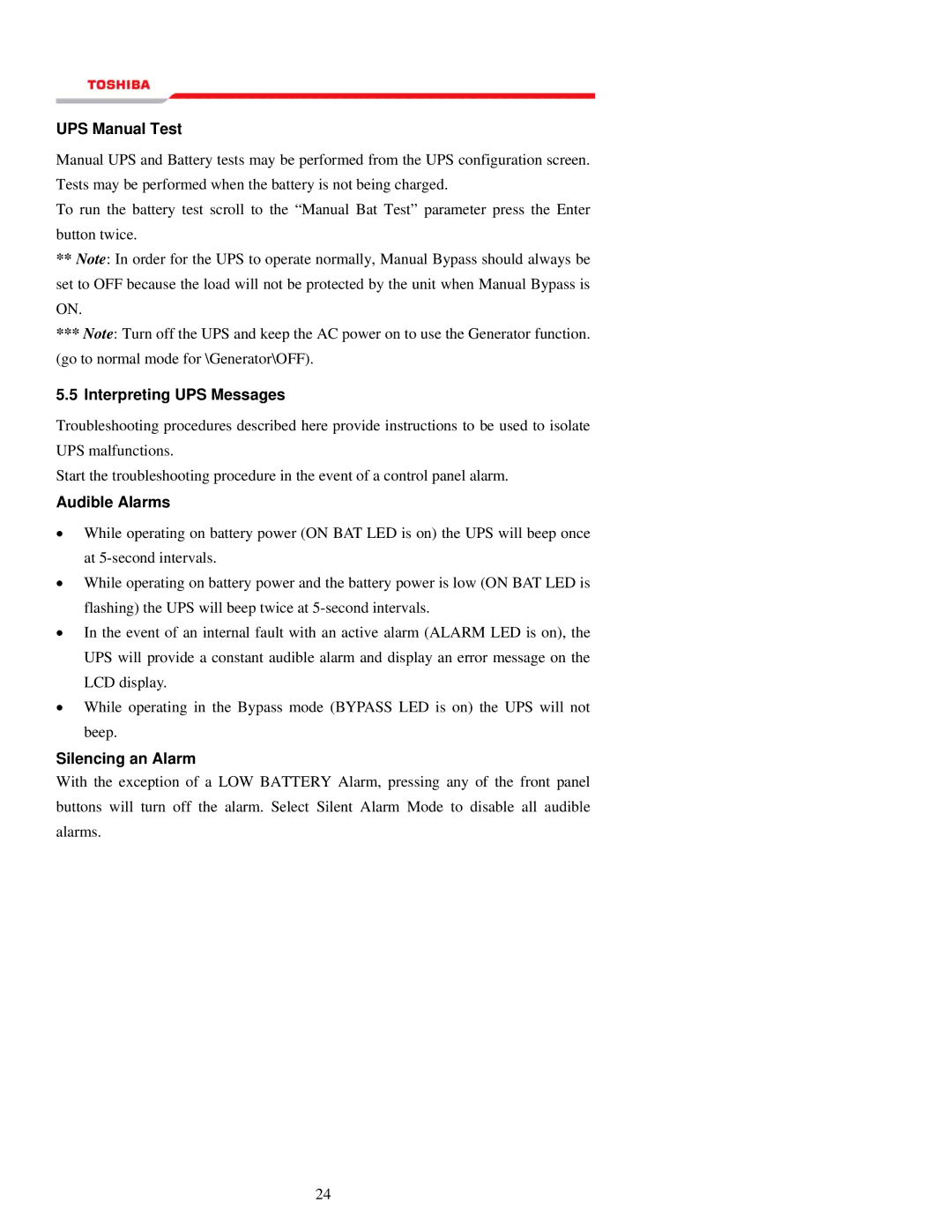 Toshiba 1000 Series manual UPS Manual Test, Interpreting UPS Messages, Audible Alarms, Silencing an Alarm 