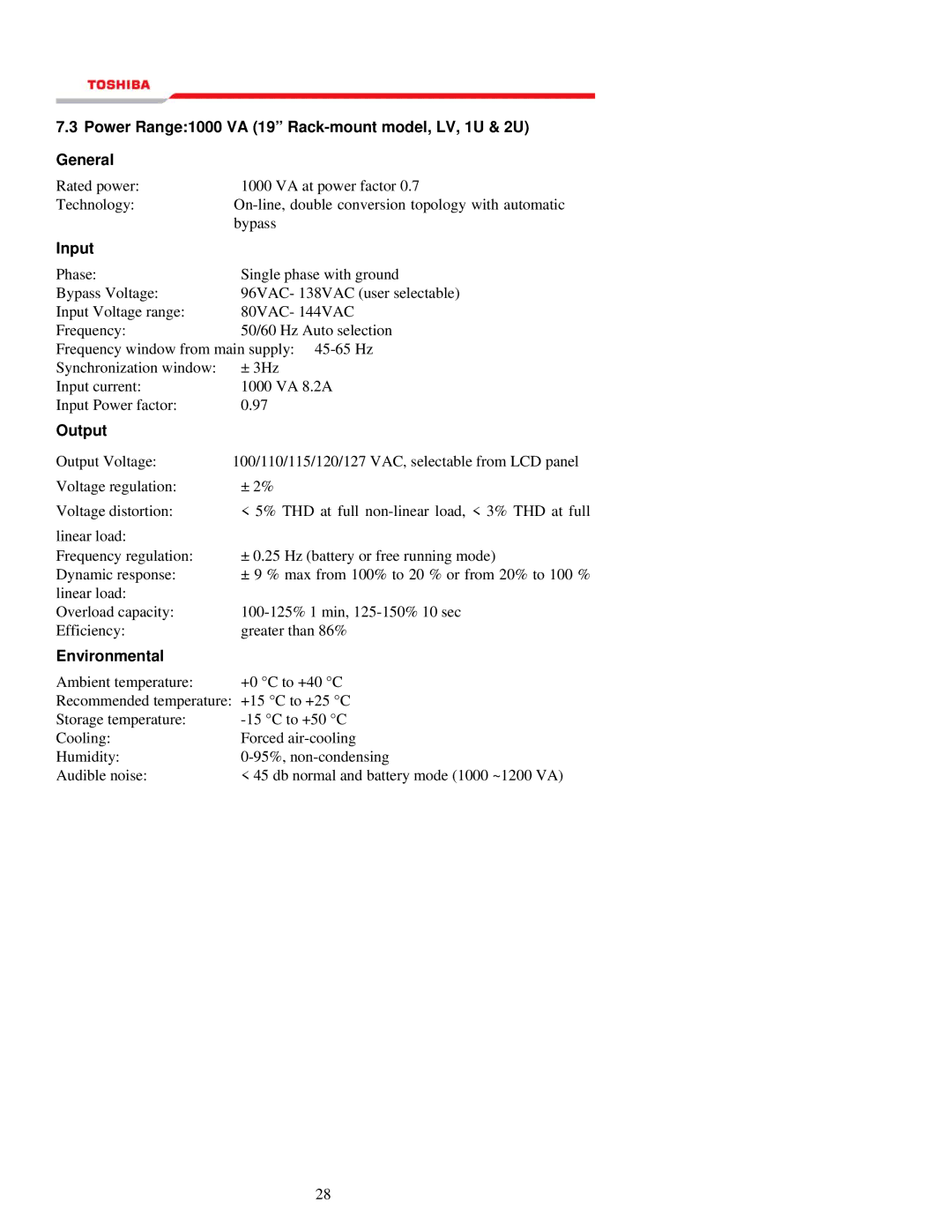Toshiba 1000 Series manual Power Range1000 VA 19 Rack-mount model, LV, 1U & 2U General, Environmental 