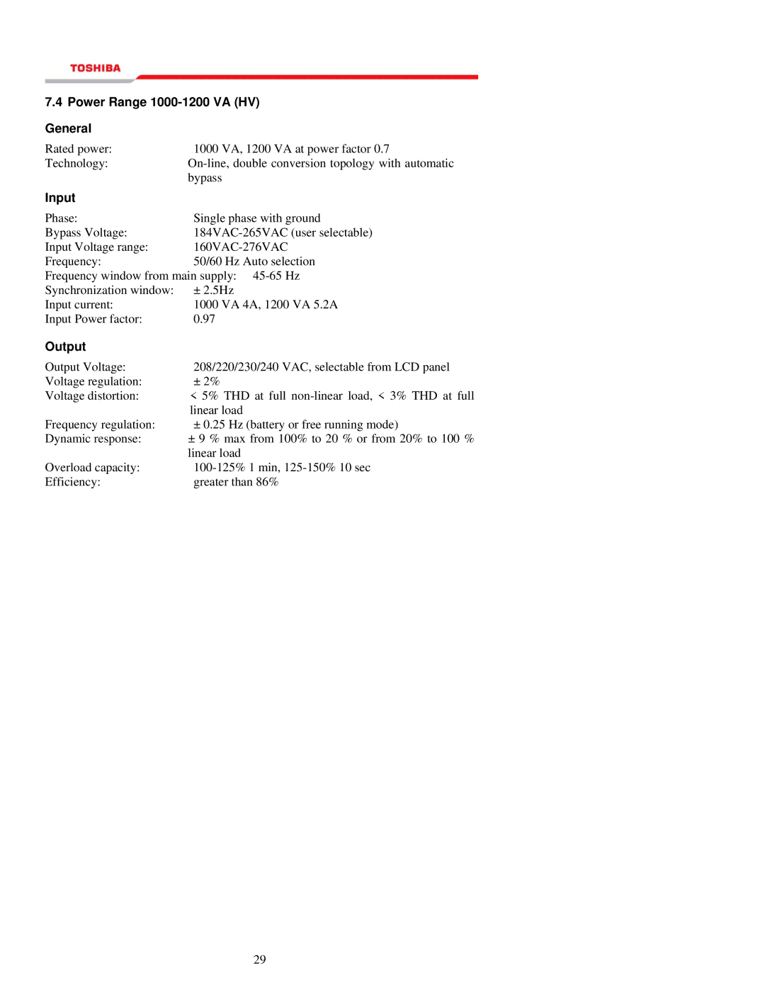 Toshiba 1000 Series manual Power Range 1000-1200 VA HV General 