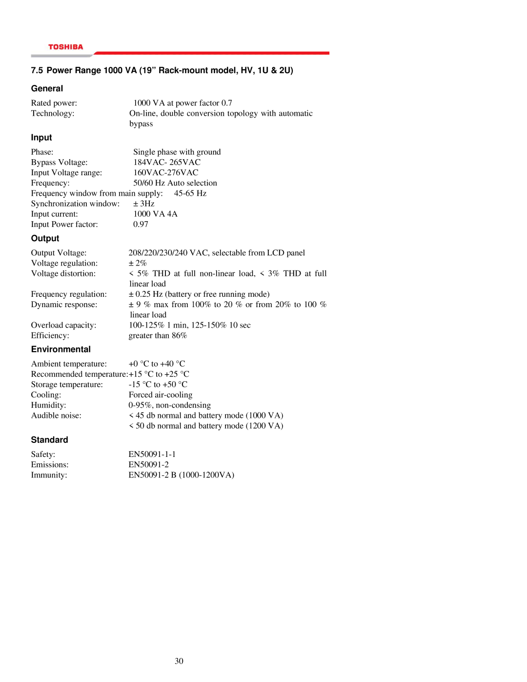 Toshiba 1000 Series manual Power Range 1000 VA 19 Rack-mount model, HV, 1U & 2U General, Standard 