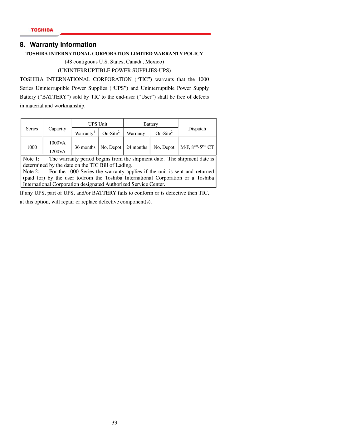 Toshiba 1000 Series manual Warranty Information, Uninterruptible Power SUPPLIES-UPS 