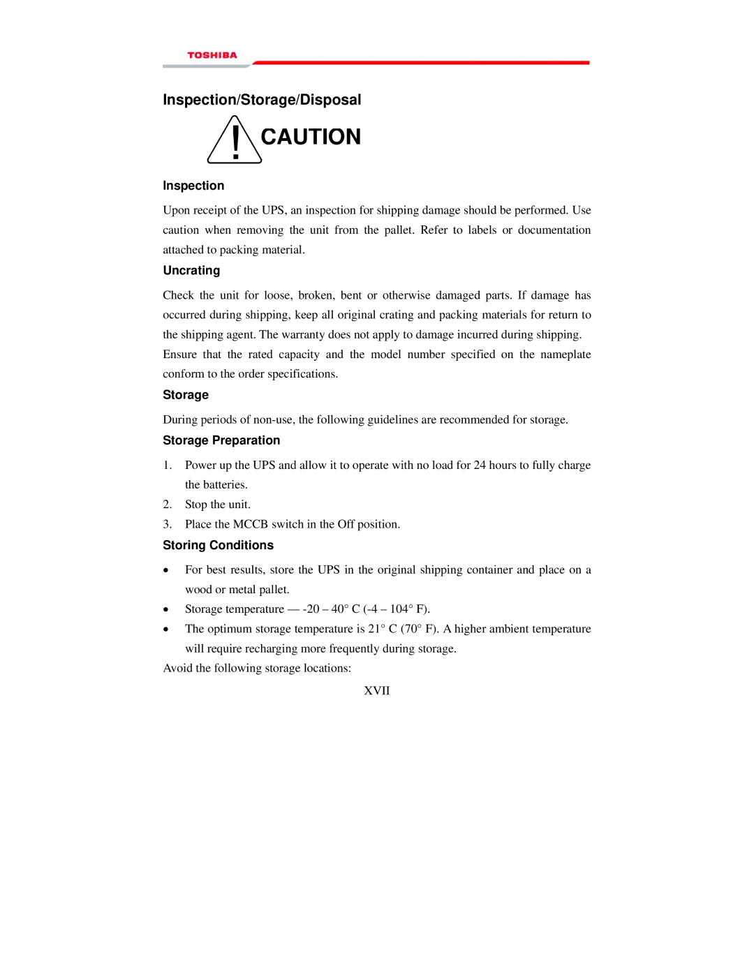 Toshiba 1000 manual Inspection/Storage/Disposal 