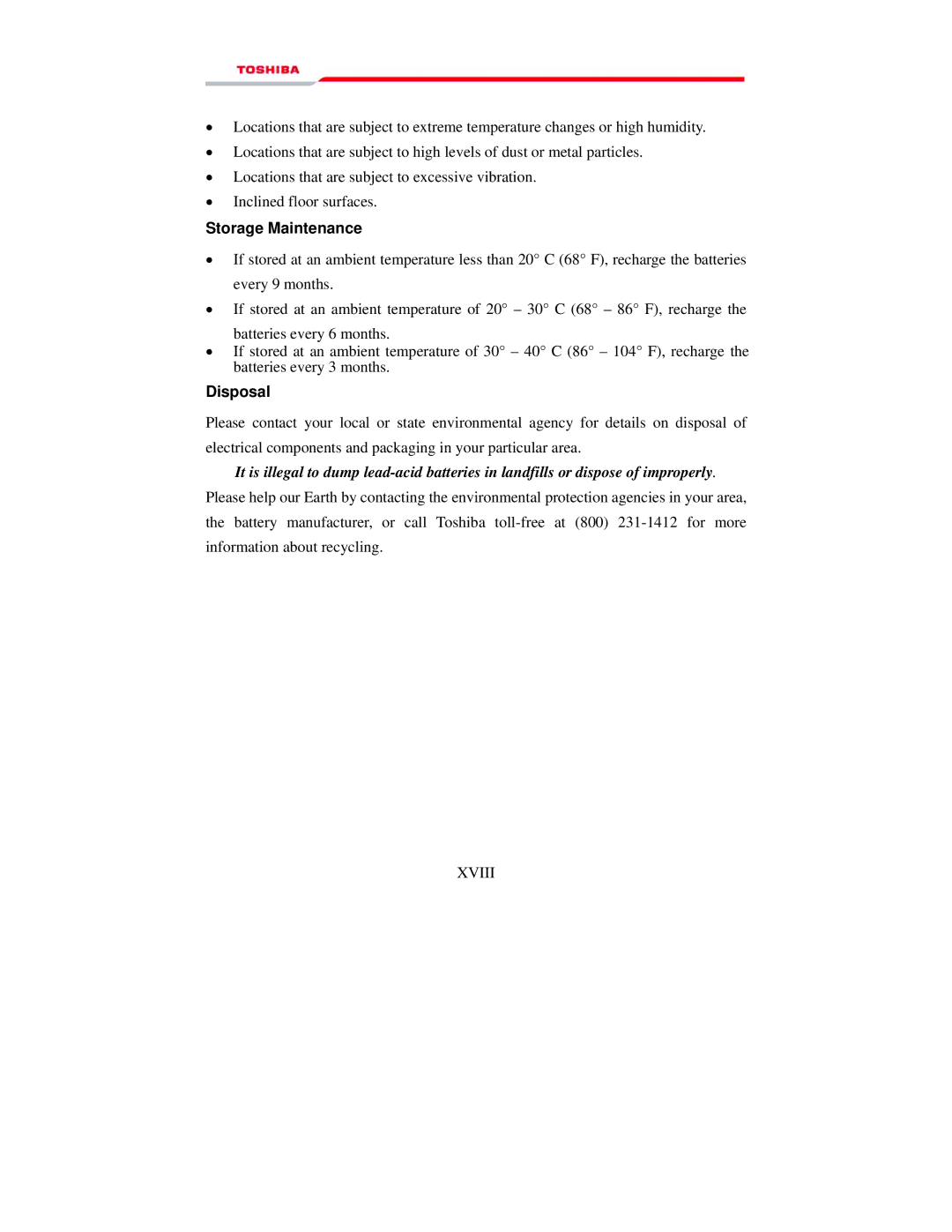 Toshiba 1000 manual Storage Maintenance, Disposal 